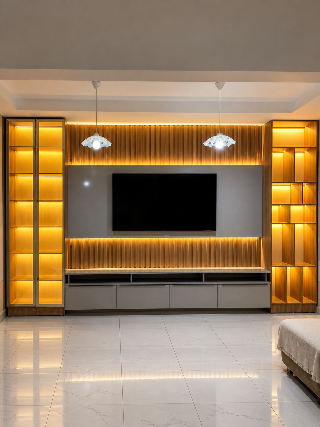 Sala planejada com painel e rack